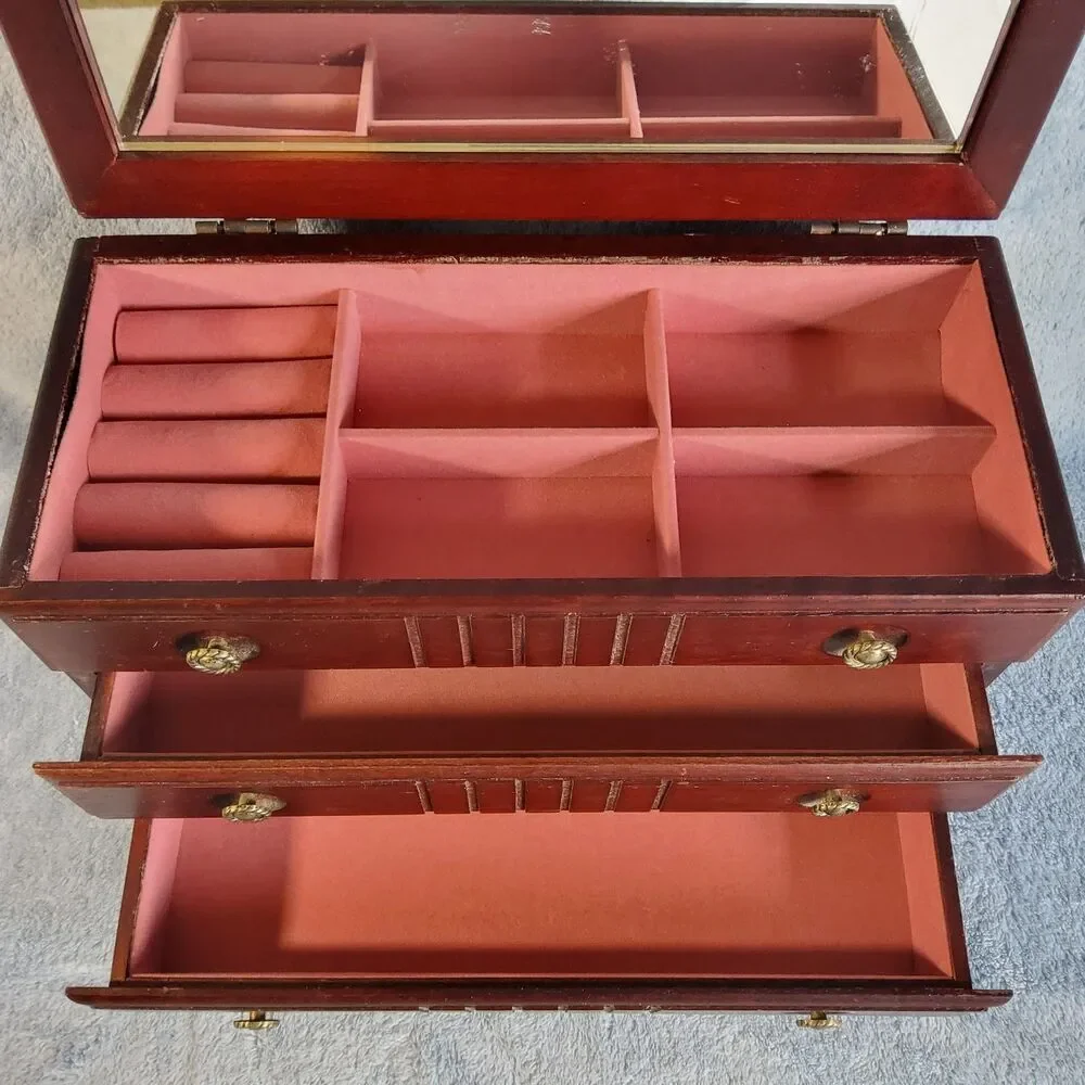 Vintage Wooden Jewelry Armoire Chest Storage Box Pink Velvet Lining 12